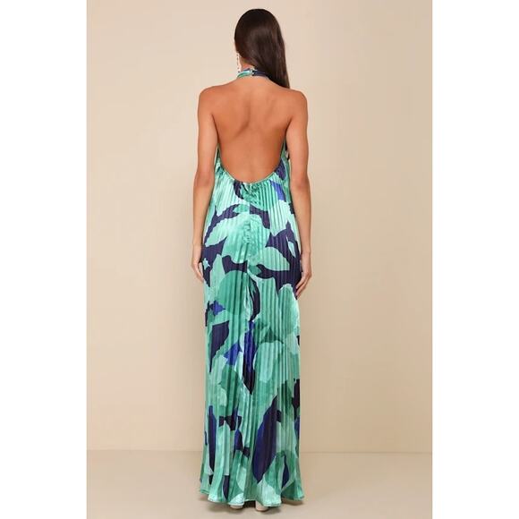 Lulus “Prime Poise” Green and Blue Abstract Satin Halter Maxi Dress – Medium NWT - Picture 2 of 8